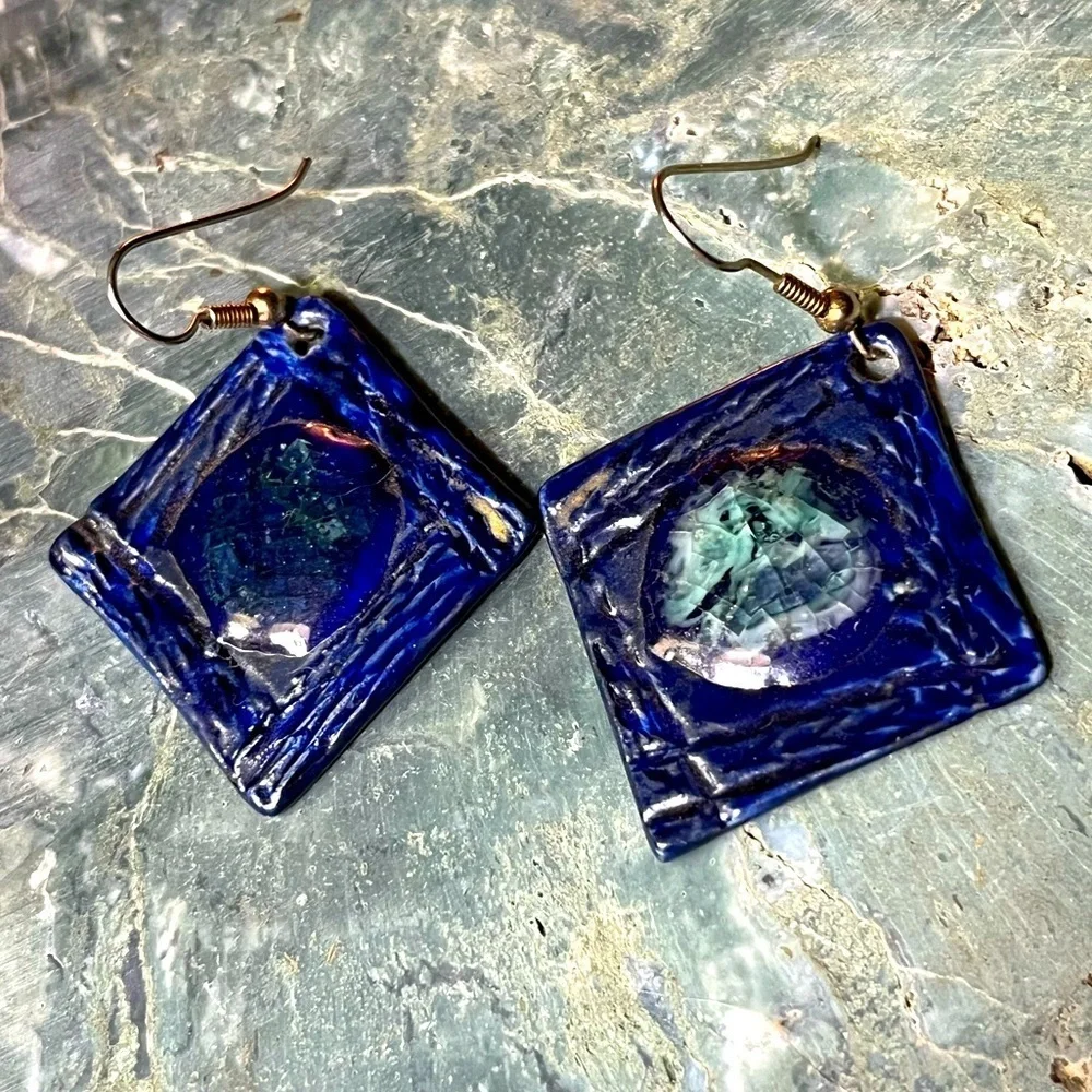 Clay Blue Enamel Painted Handmade Earrings